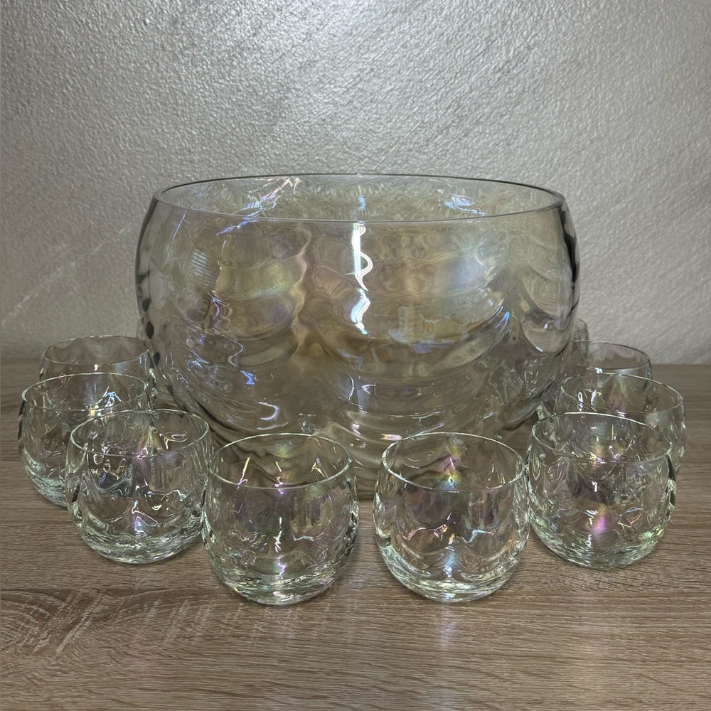 Iridescent Luster Punch Bowl & 10 Cups Mermaid Scales West Virginia Glass